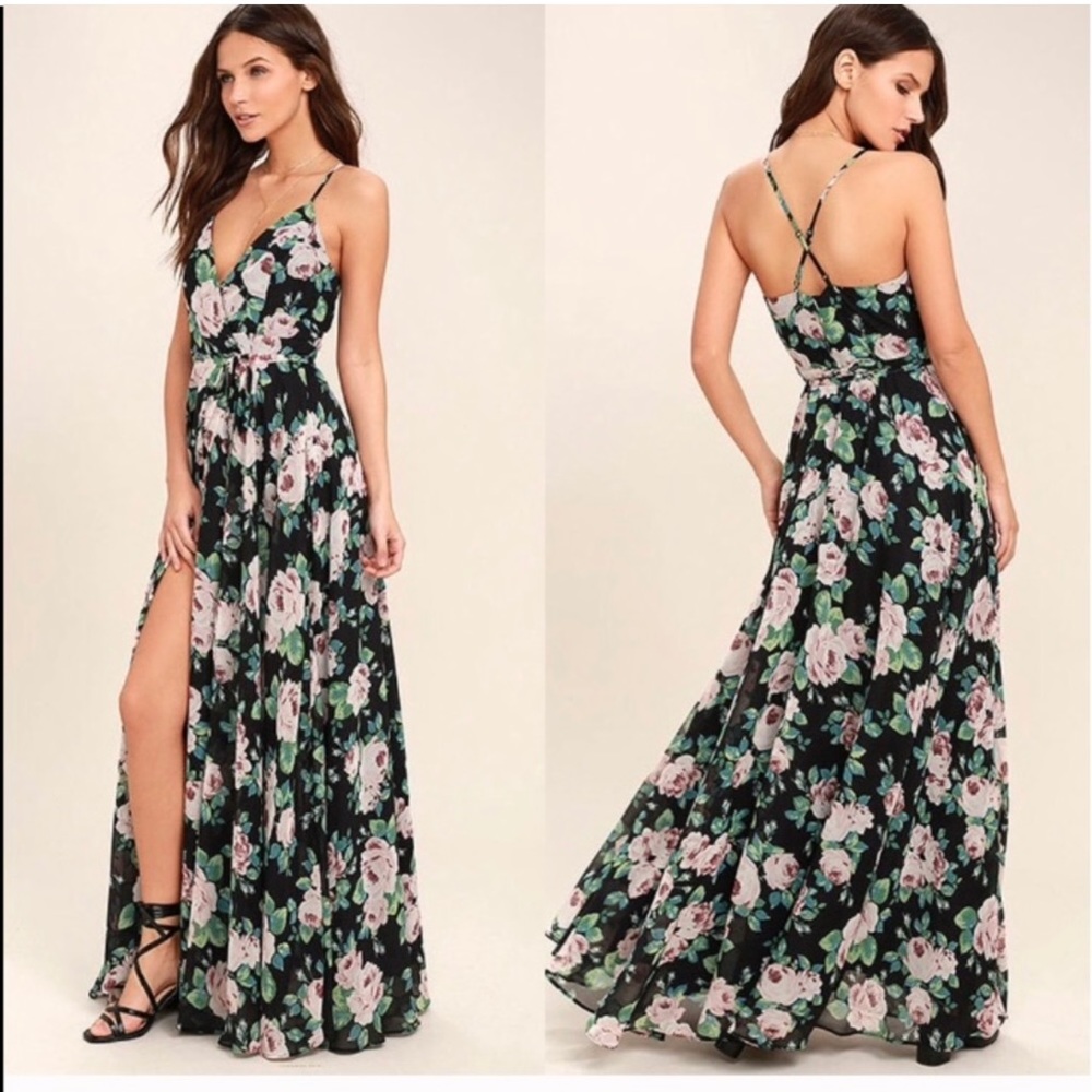 Lulus legendary romance black floral wrap maxi dress 🔥❤️